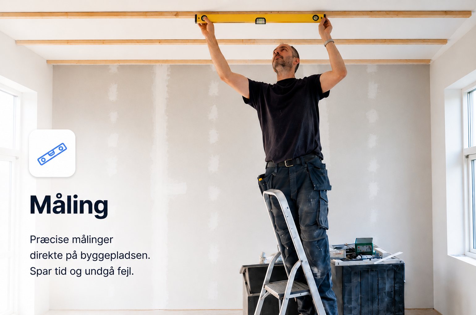 Håndværker udfører en præcis måling med vaterpas på byggepladsen