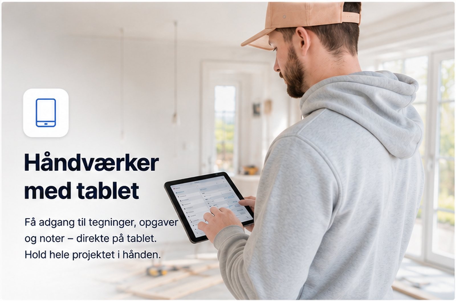 Håndværker bruger BYG SMART på tablet direkte på byggepladsen